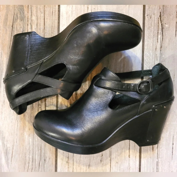 DANSKO Franka black leather wedge ankle strap studs heeled clogs casual W 10.5 - Picture 4 of 16